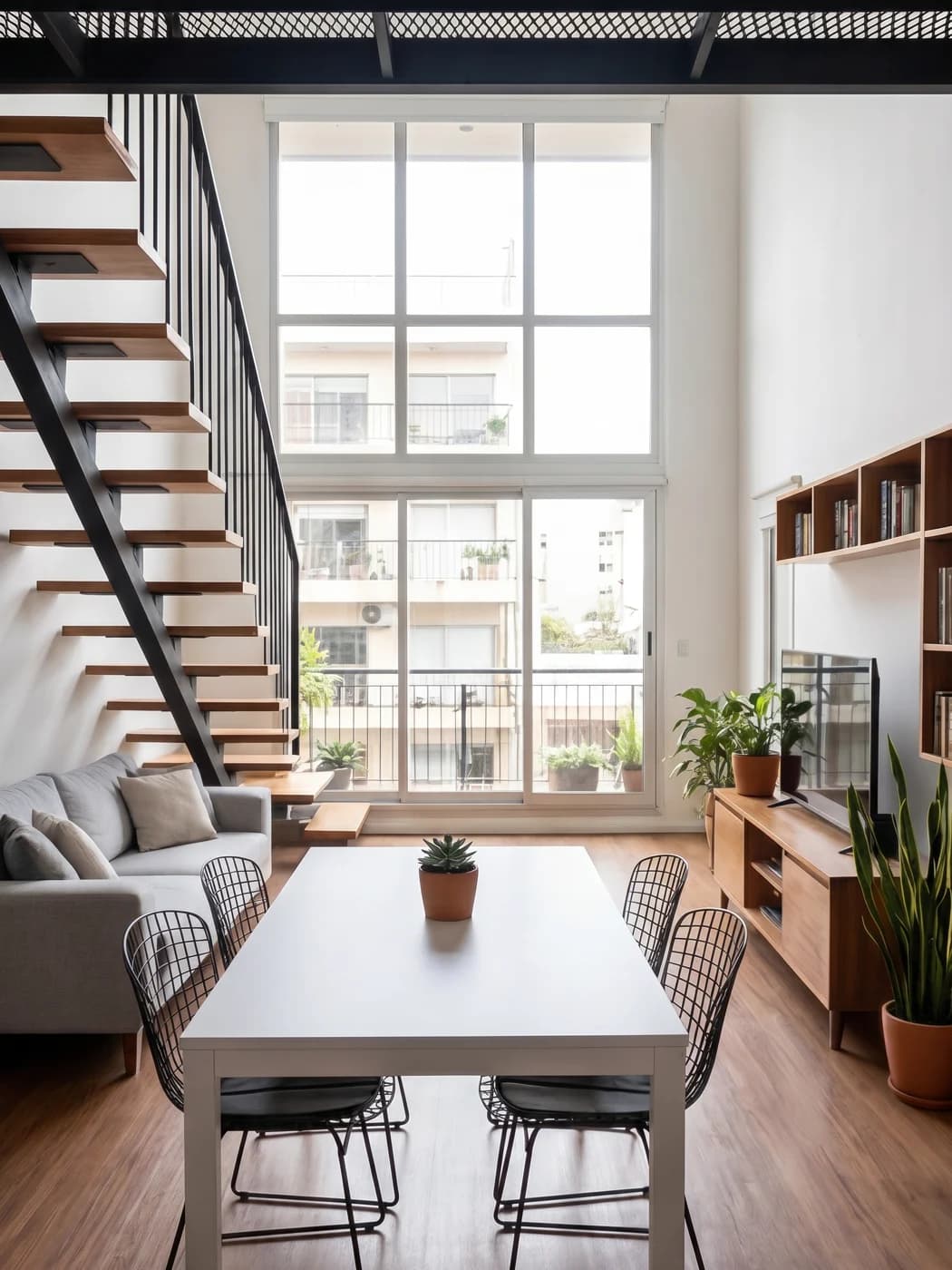 Visualización de un loft con escalera metálica y ventanales de doble altura